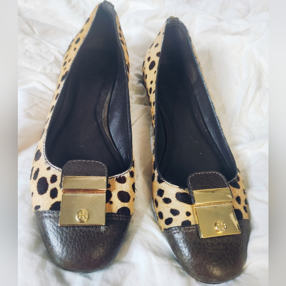 Tory Burch Calf Hair Leopard Print Rare Cap Toe With Logo "Flats" Tiny Heel